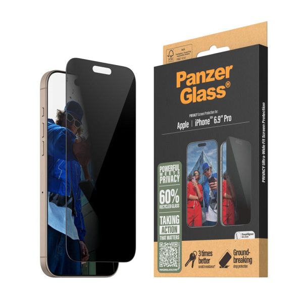 iPhone 16 Pro Max PanzerGlass Ultra Wide Fit Skærmbeskyttelse m. EasyAligner - Privacy - Diamond Strength - Gennemsigtig   Sort Kant Supply