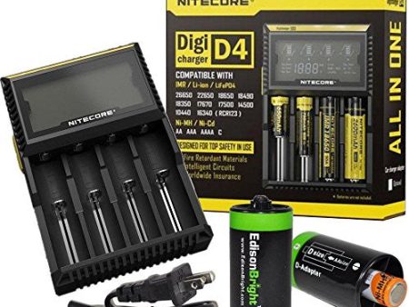 Nitecore D4 2015 smart Charger with LCD display For Li-ion, IMR, LiFePO4 26650 22650 18650 17670 18490 17500 18350 16340 RCR123 14500 10440 Ni-MH And Ni-Cd AA AAA AAAA C Rechargeable Batteries with 2 x EdisonBright AA to D type battery spacer converters Online now