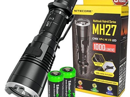 Nitecore MH27 1000 Lumens CREE LED Built in Red, Green, Blue Lights, Strobe, Police warning strobe, rechargeable Flashlight searchlight with 2 X EdisonBright CR123A Batteries For Cheap