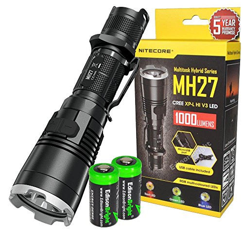 Nitecore MH27 1000 Lumens CREE LED Built in Red, Green, Blue Lights, Strobe, Police warning strobe, rechargeable Flashlight searchlight with 2 X EdisonBright CR123A Batteries For Cheap