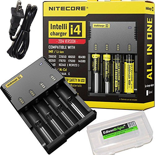 NITECORE i4 (New 2014 version) Intellicharge universal smart battery Charger For Li-ion   IMR   Ni-MH  Ni-Cd 26650 22650 18650 18490 18350 17670 17500 17335 16340 RCR123 14500 10440 AA AAA AAAA C types, with EdisonBright battery carry case Discount