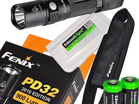 Fenix PD32 2016 Edition 900 Lumen CREE LED Tactical Flashlight with holster, lanyard, Two EdisonBright CR123A Lithium Batteries and EdisonBright battery box bundle Cheap