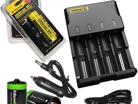 Nitecore Sysmax Intellicharge i4 , Four Bays universal home in-car battery charger, Two Nitecore 18650 NL189 3400mAH rechargeable batteries with with 2 X EdisonBright AA to D type battery spacer converters Hot on Sale