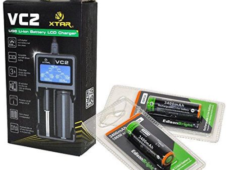 XTAR VC2 universal USB powered smart battery Charger For Li-ion   IMR 16340 18650 with EdisonBright 18650 3400mAh EBR34 Li-ion rechargeable batteries Supply