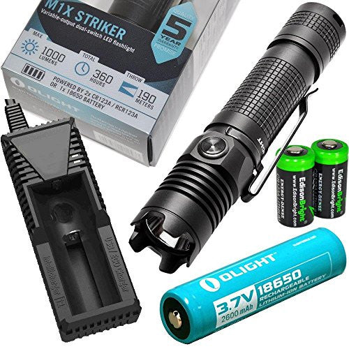 Olight M1X Striker Cree XM-L2 1000 Lumen LED Tactical Flashlight, Olight 18650 Li-ion rechargeable battery, charger with two EdisonBright CR123A Lithium Batteries Sale