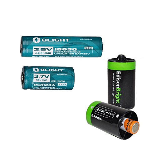 Olight 3400mAh Protected 18650 Rechargeable Li-ion Battery, Olight RCR123A (16340) rechargeable Li-ion battery with 2 x EdisonBright AA to D type battery spacer converters For Cheap