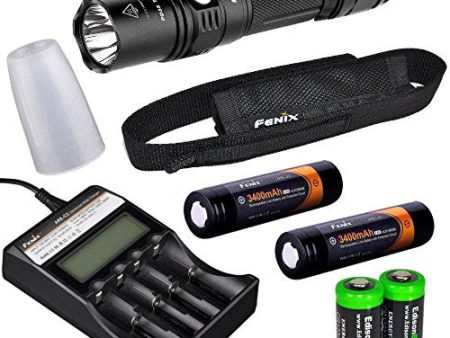 Fenix PD35 TAC 1000 Lumen 2015 edition CREE XP-L LED Tactical Flashlight, Fenix ARE-C2 four bays Li-ion  Ni-MH advanced universal smart battery charger, Two Fenix 18650 ARB-L2S 3400mAh rechargeable batteries with Two EdisonBright CR123A Lithium Batte For Sale