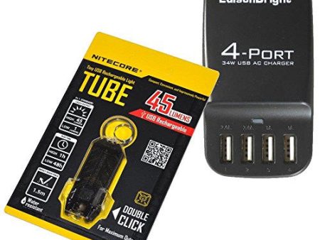 EdisonBright 4 Port EB-4U (34w 4-Port USB Charging Hub) Multi-Port USB Charger with Nitecore TUBE (black) 45 lumen USB rechargeable keychain light Online Hot Sale