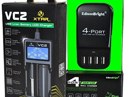 XTAR VC2 universal USB powered smart battery Charger and EdisonBright EB-4U 4-port USB charging station bundle Supply