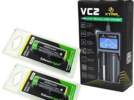 XTAR VC2 universal USB powered smart battery Charger For Li-ion   IMR 16340 18650 22650 3.6 3.7V types with EdisonBright 18650 2600mAh EBR26 Li-ion rechargeable batteries For Cheap