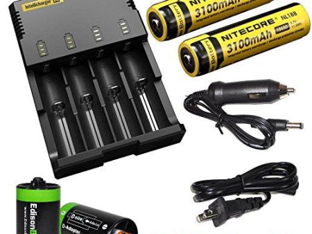 Nitecore Sysmax i4 Four Bays universal home in-car battery charger, Two Nitecore 18650 NL188 3100mAH rechargeable Li-ion batteries with 2 X EdisonBright AA to D type battery spacer converters For Cheap