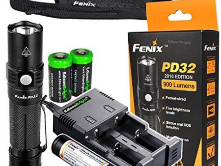 Fenix PD32 2016 Edition 900 Lumen CREE LED Tactical Flashlight with genuine Fenix ARB-L2M battery, EdisonBright smart Charger and Two EdisonBright CR123A Lithium Batteries bundle Hot on Sale