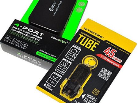 EdisonBright EB-Q4U Quick Charging 4 Port Multi-Port 58 watts USB Charging base with Nitecore TUBE (black) 45 lumen USB rechargeable keychain light Online